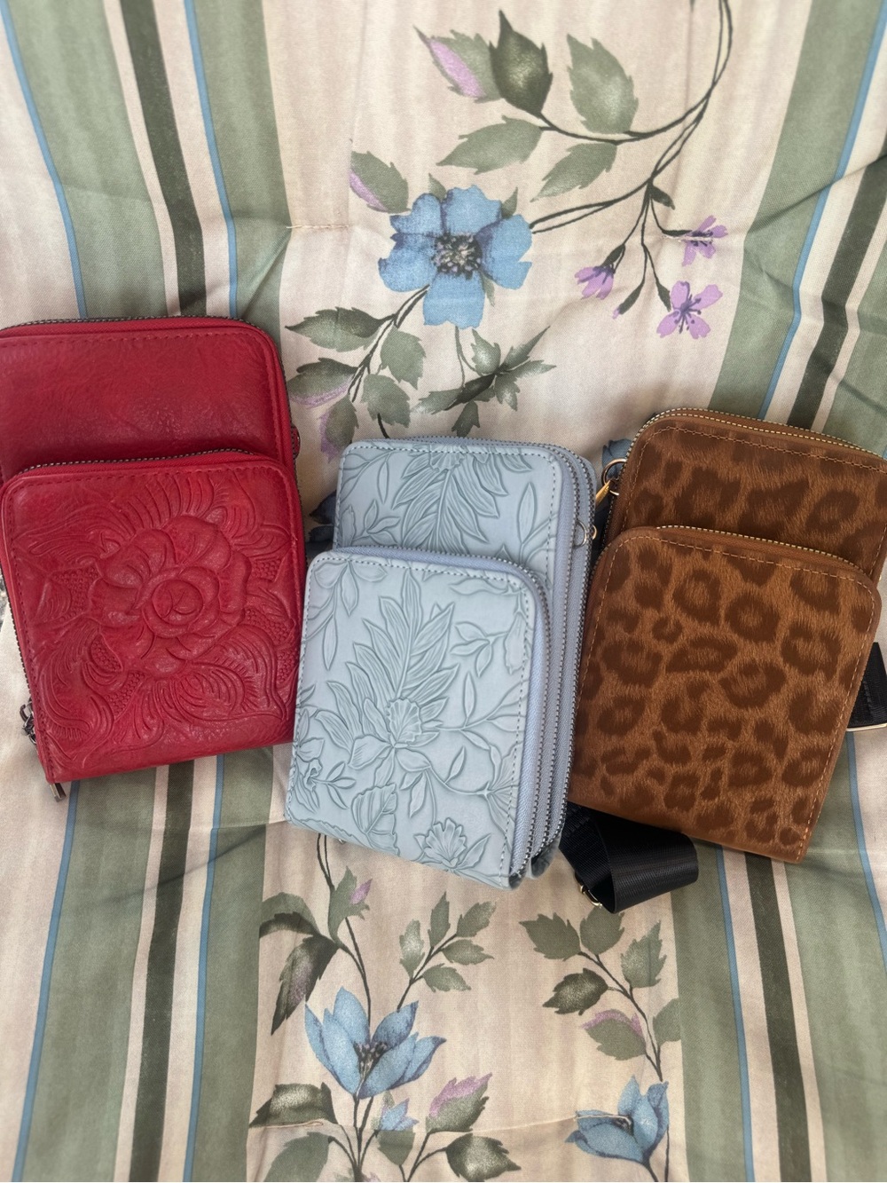 Women’s Leather Crossbody Bag - Light Blue Floral Embossed